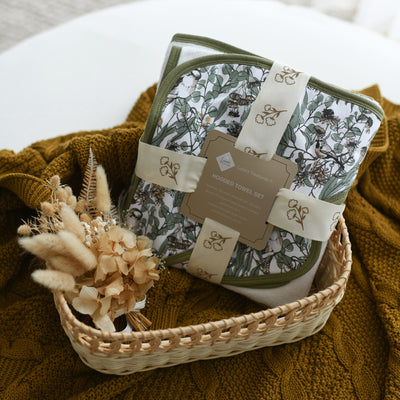 KOKO Koala organic cotton and bamboo newborn baby and kids bath towel set australia kookaburra australiana flora nad fauna bilby baby shower gift for boys and girls unisex
