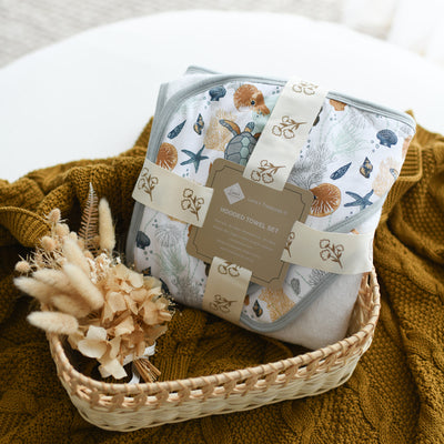 Nautilus ocean and sea life organic cotton and bamboo newborn baby and kids bath towel set sea horse, nautilus, shells, corals, baby shower gift for boys and girls unisex